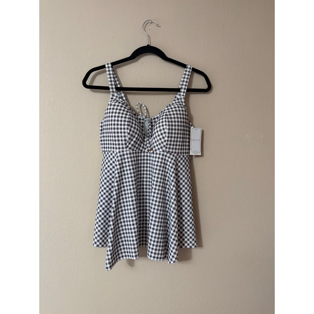 Elomi Pebble Cove Gingham Tankini Top Black White ES800361GYL Size 12 US‎ NEW